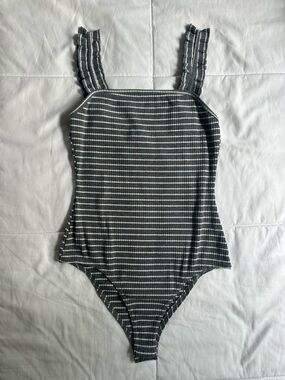 Le Lis Grey and White Striped Ribbed Camisole Bodysuit